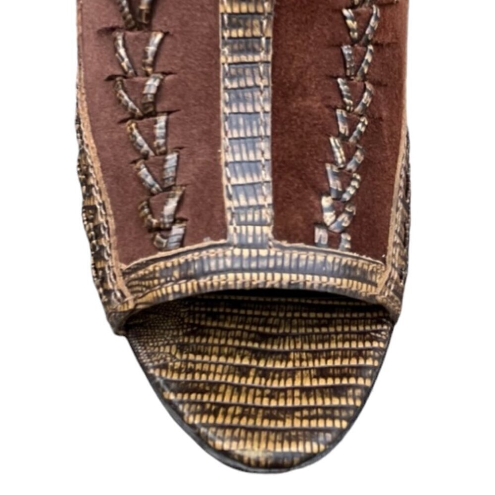 Vince Camuto Brown VC-Night Woven Leather Peep Toe Side Zipper 4.5" Shoes 8.5B - Picture 9 of 16
